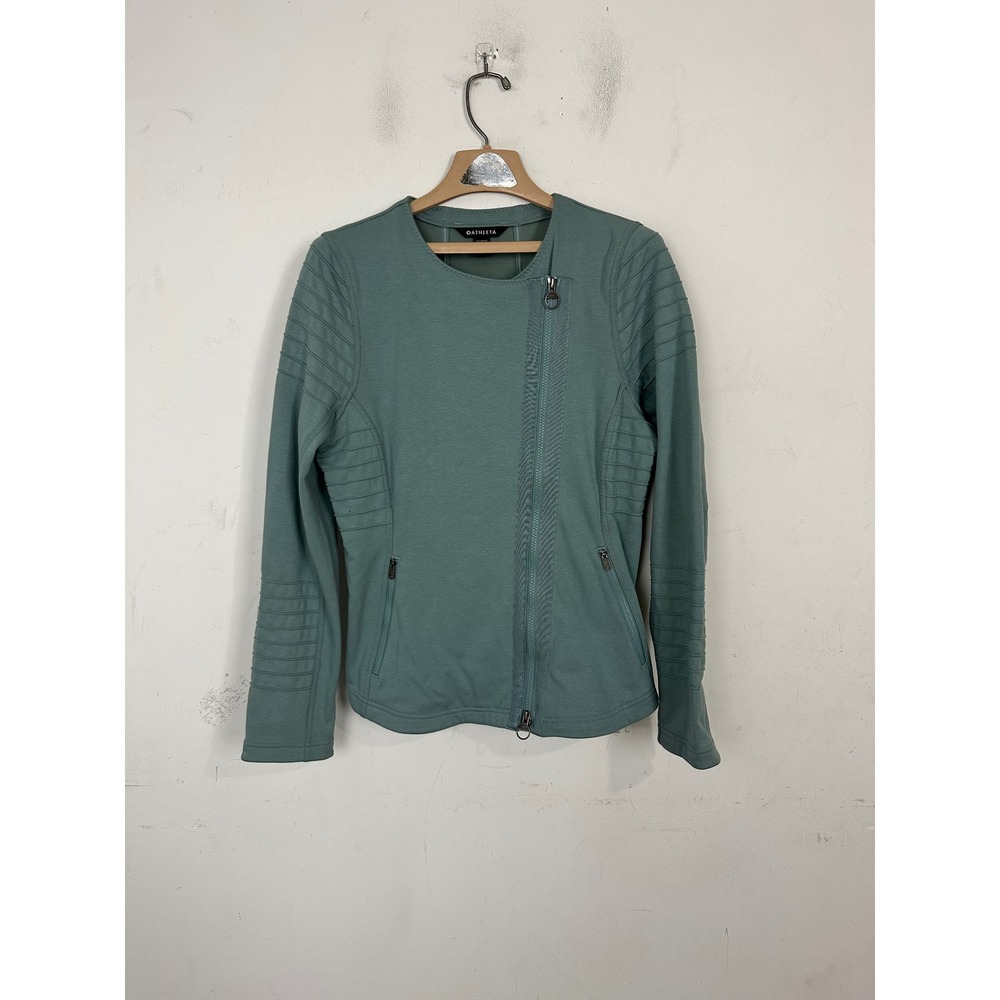 Athleta Moto Jacket Sage Green Asymmetrical Zip Quilted Ribbed Fleece 982849-01